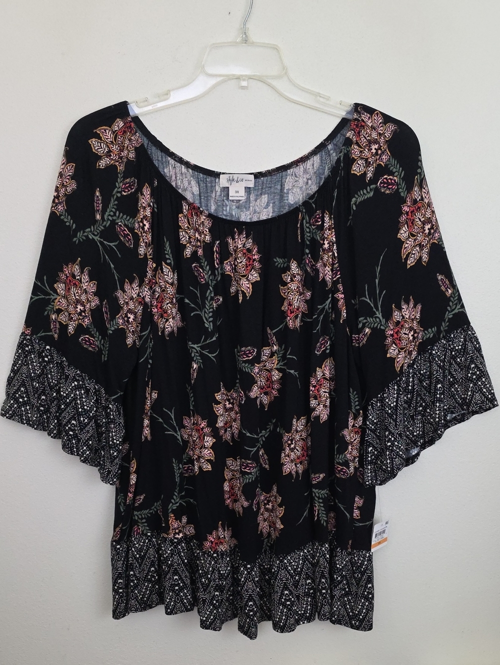 NWT Style & Co Black & Multicolored Floral Boho Peasant Top Womens 3X